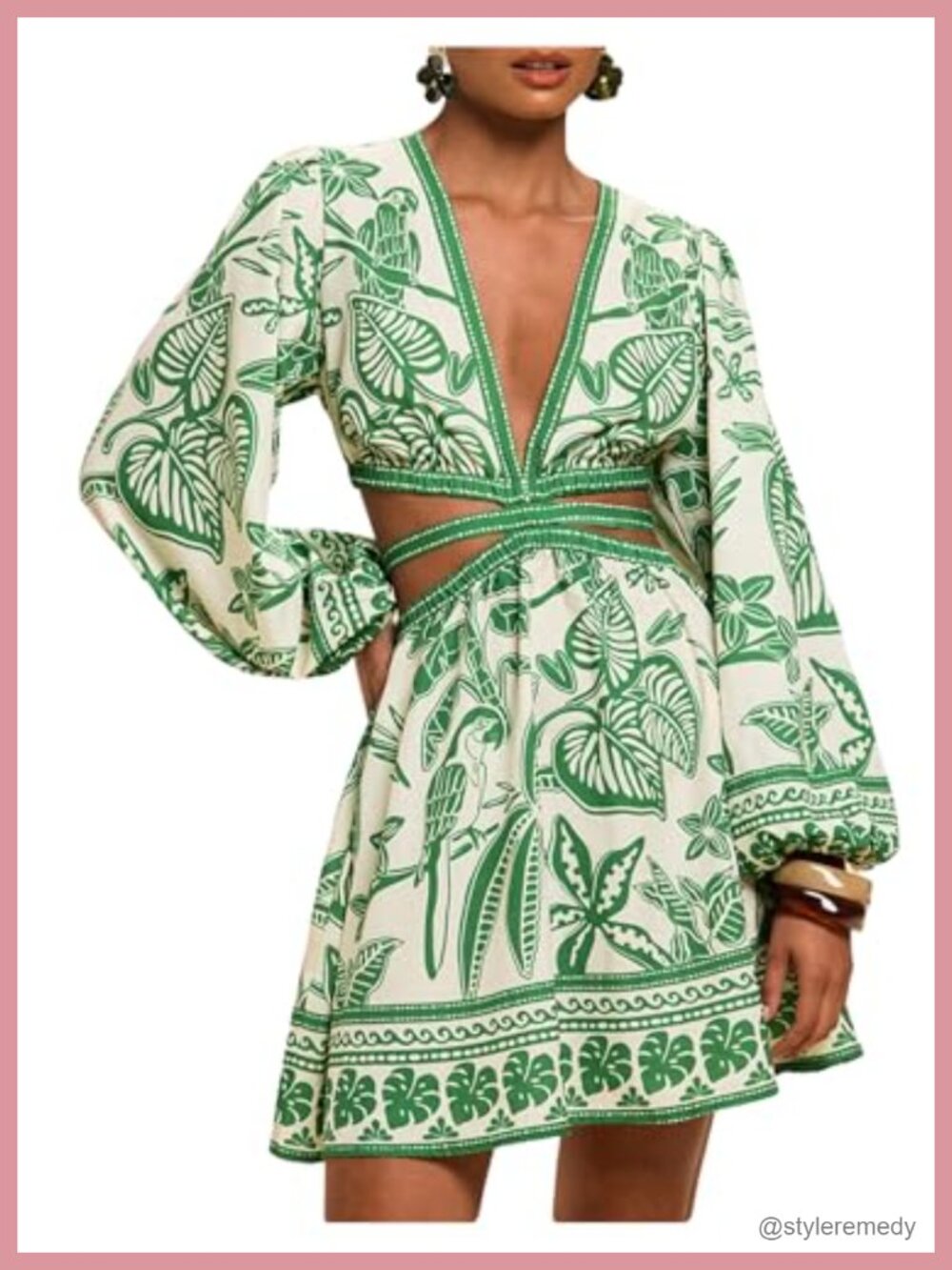 Tropical Floral Long Sleeve Mini Dress V-Neck Tie Back Beach
